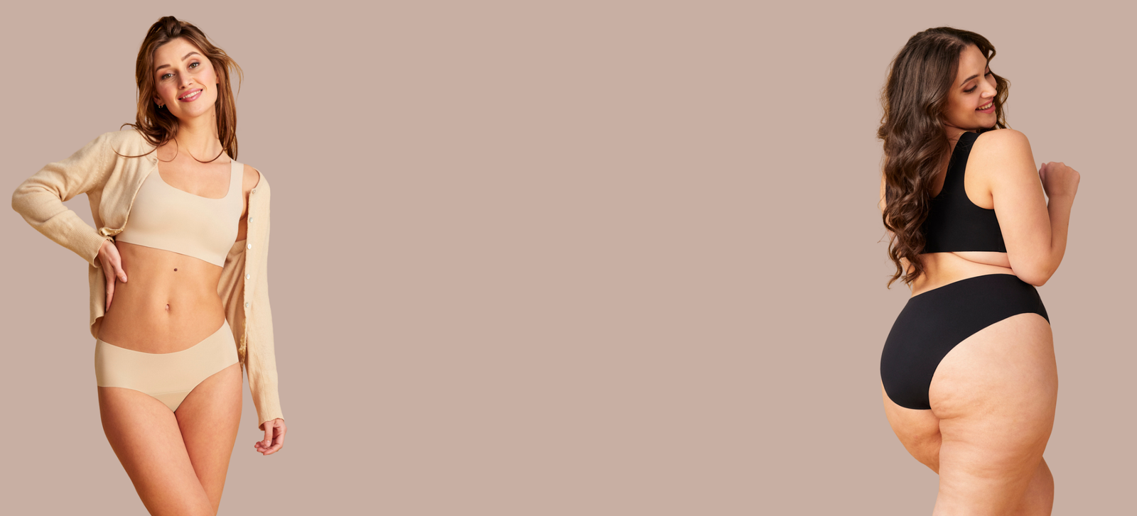 Models posieren in schwarzer und beiger nahtloser Periodenunterwäsche